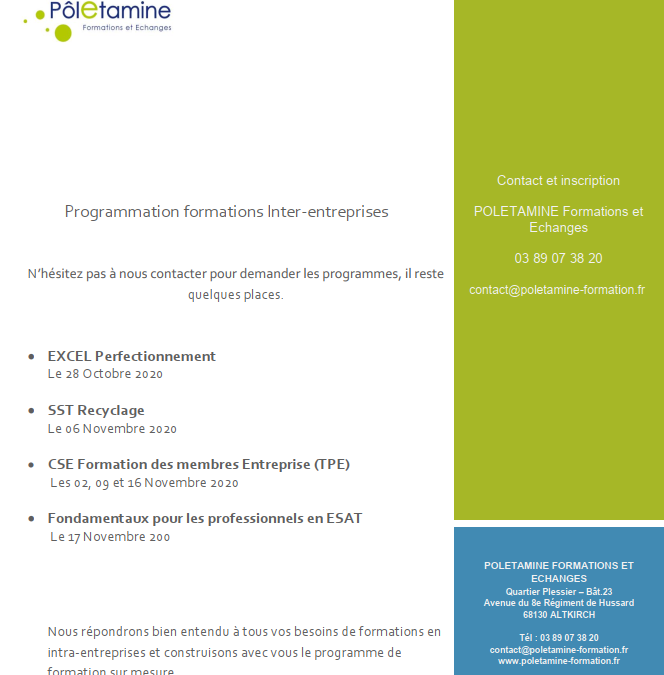 LES FORMATIONS INTER ETABLISSEMENTS 2020 – Contactez-nous pour vous inscrire !